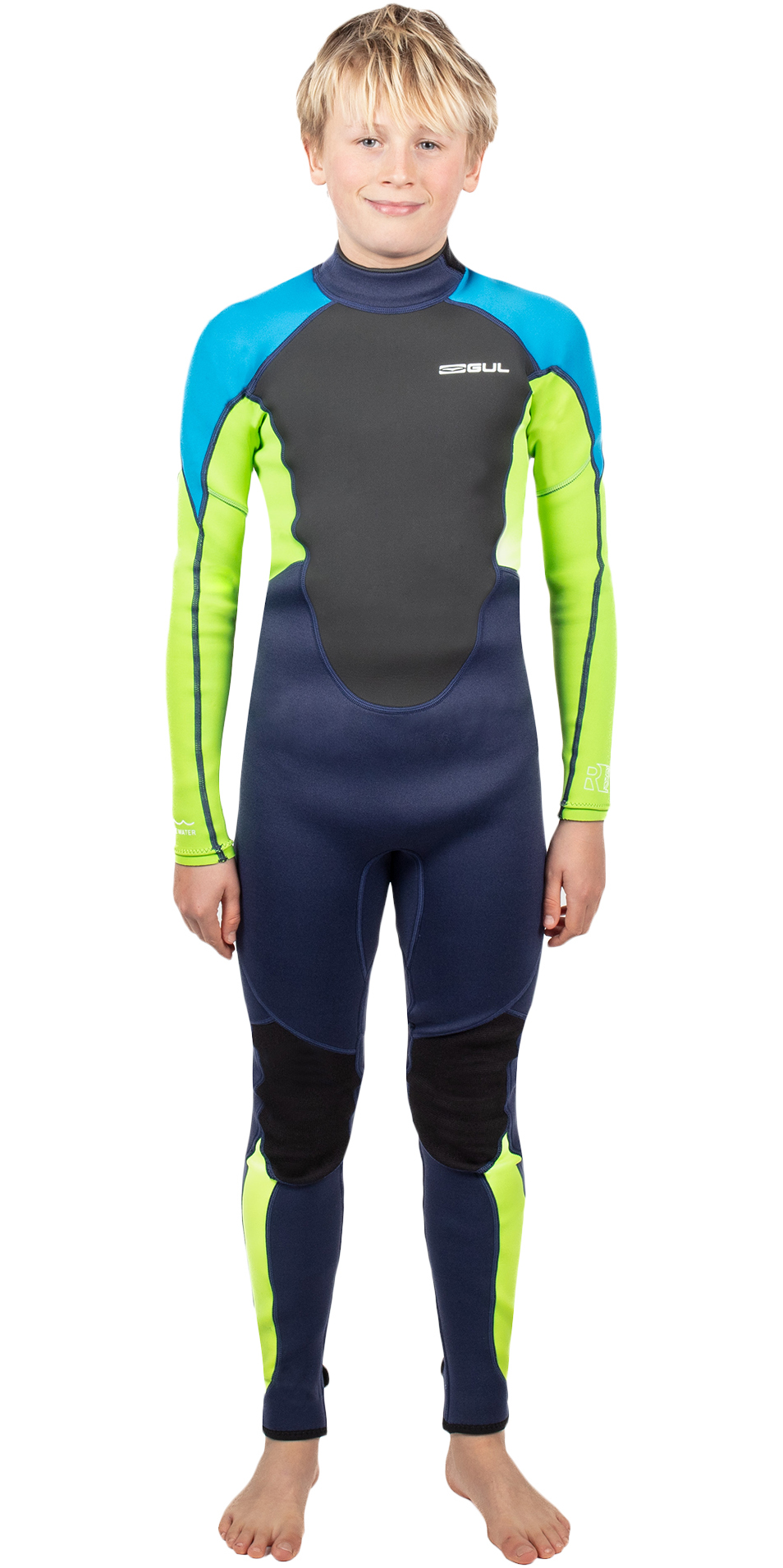 2025 Gul Junior Response 3/2mm Flatlock Back Zip Wetsuit RE1322-C1 - Navy / Lime